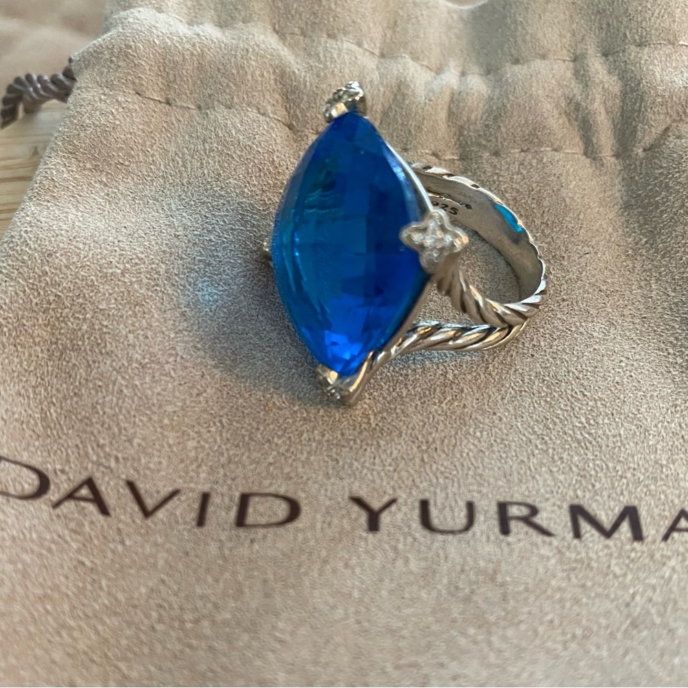 David Yurman 20 MM Blue Topaz & Diamond Cushion On Point Ring - Picture 4 of 5
